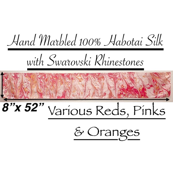 NEW-One of a Kind Hand Marbled 100% Habotai Silk Scarf with Swarovskis 8”x 52” - Picture 4 of 6